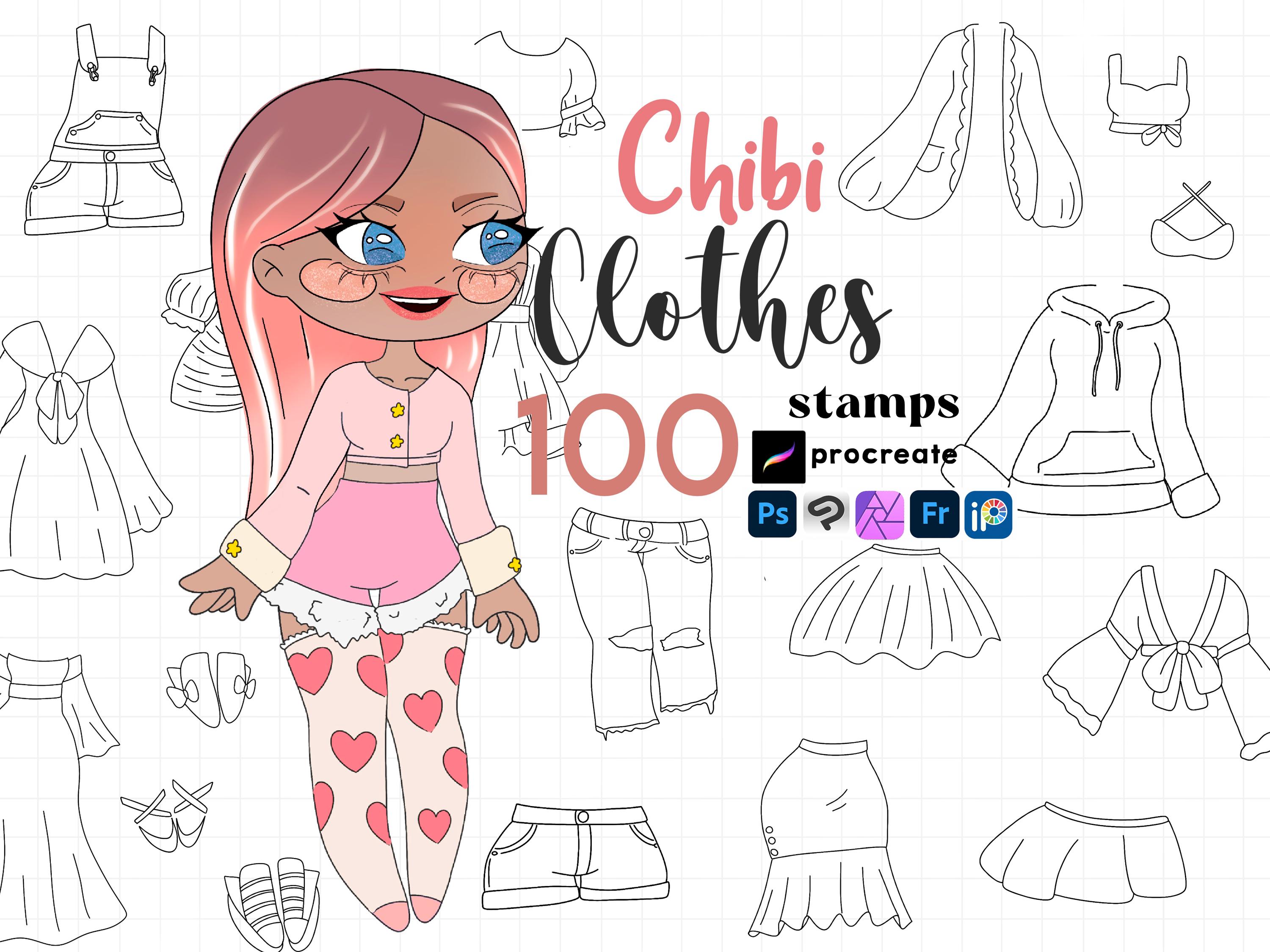 Sellos de ropa chibi para Procreate – 100 guías de atuendos para Procreate, Photoshop, CSP, Affinity y más