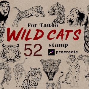 Procreate Wild Cats Stamps – 52 Procreate Tattoo Lion Tiger Leopard Cheetah Brushes Tattoo Style Big Cat Digital Pencil Ink Art Set