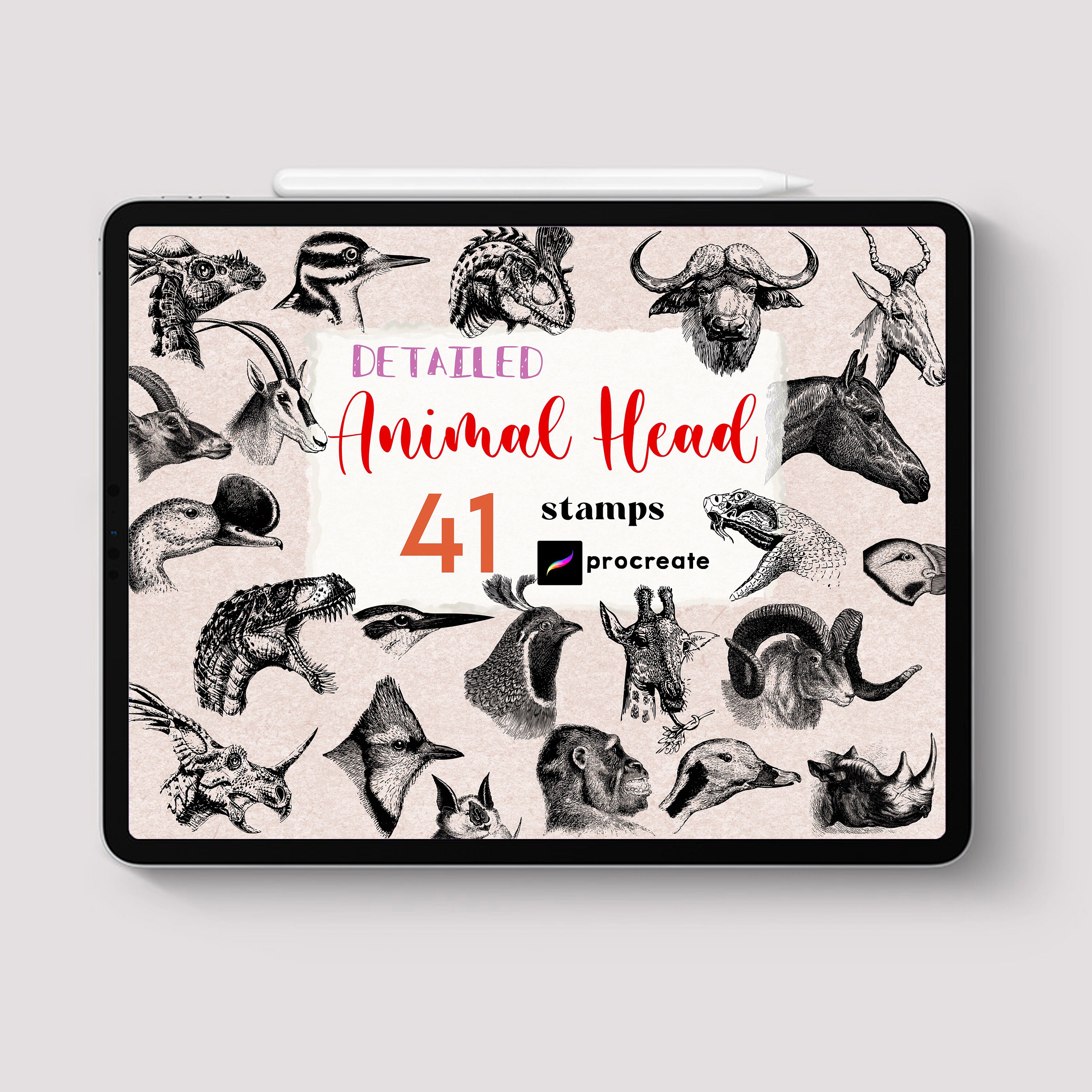 Procreate 41 Animal Heads Stamp Brushes Detailed Hand Drawn - Etsy
