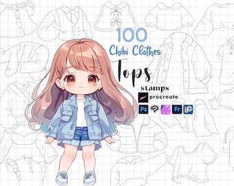 Sellos de ropa chibi para Procreate: Tops, ropa kawaii, creador de personajes de dibujos animados, Photoshop, sudadera con capucha, Clip Studio, Krita