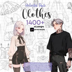 Pode incluir: Ilustração digital de um pacote de roupas com o texto "Unlimited Pack Clothes 1400+ stamps procreate". A imagem apresenta dois personagens em estilo anime e vários esboços de roupas, incluindo camisas, saias e vestidos.