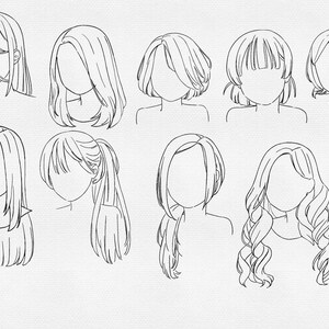 K&ouml;nnte beinhalten: Strichzeichnung verschiedener Frisuren. Das Bild zeigt neun verschiedene Frisuren, darunter lange, kurze und mittlere L&auml;ngen. Die Stile sind in schwarzen Linien auf wei&szlig;em Hintergrund gezeichnet. Das Bild ist eine einfache, aber detaillierte Darstellung verschiedener Frisuren.