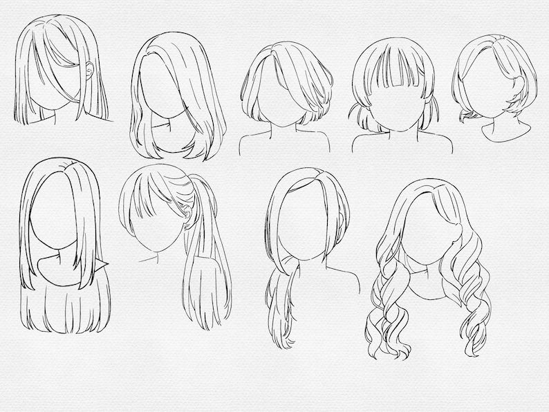 K&ouml;nnte beinhalten: Strichzeichnung verschiedener Frisuren. Das Bild zeigt neun verschiedene Frisuren, darunter lange, kurze und mittlere L&auml;ngen. Die Stile sind in schwarzen Linien auf wei&szlig;em Hintergrund gezeichnet. Das Bild ist eine einfache, aber detaillierte Darstellung verschiedener Frisuren.