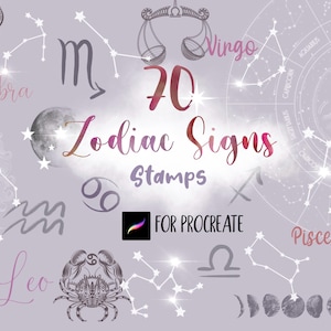 Znaczki zodiaku Procreate 70 pędzli Procreate Astrologia Tematyczne Niebiańskie Rysowane Ręcznie Tarot Procreate Horoskop