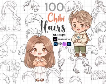 Procreate Chibi Hair Stamps : 100 Kawaii Girl Boy Cartoon Hairstyle Photoshop ClipStudio Brushes