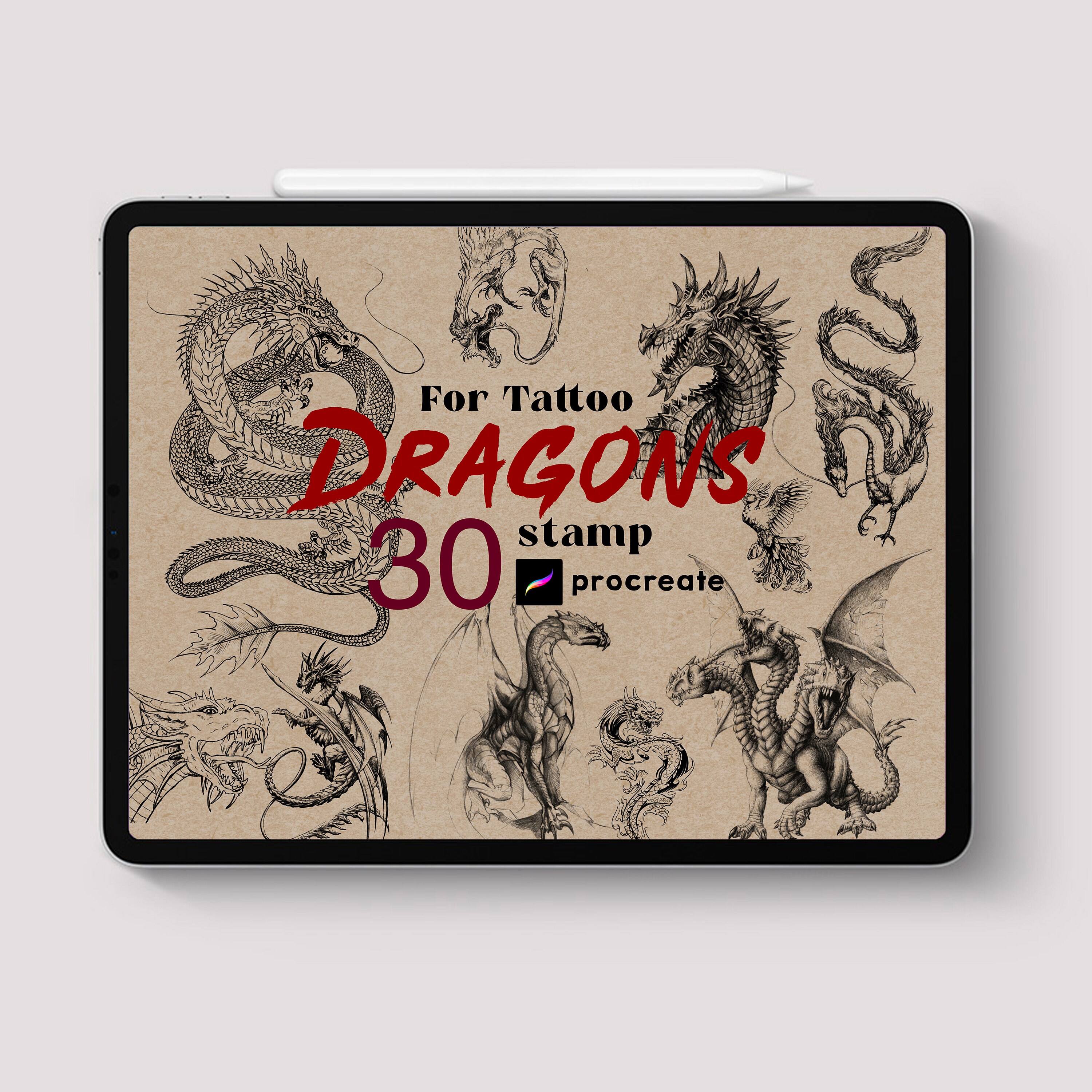 Procreate Dragon & Snake Tattoo Stamps Brush Set – 30 Magic Celestial Dark Ink Doodles