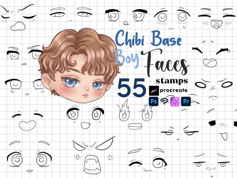 Procreate Chibi Boy Stamps : Chibi Face Reference Guide, Cartoon ...