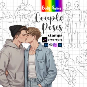 以下が含まれることがあります： Procreate 用のカップルポーズをフィーチャーしたデジタルアート製品。画像には、キスをしている2人の男性の中央イラストと、さまざまなカップルのポーズのスケッチが含まれています。「Body Guides」と「Couple Poses」というテキストが含まれています。