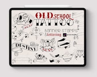 Procreate - Traditional Tattoo Oldschool Banner Stamp Font Brush Easy Writing Letter Text Pack Gothic Oldschool Witch Doodle Art How Draw