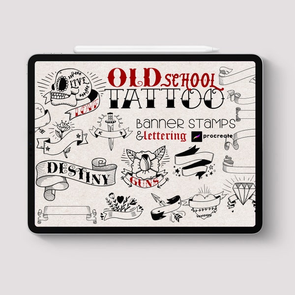 Procreate - Traditional Tattoo Oldschool Banner Stamp Font Brush Easy Writing Letter Text Pack Gothic Oldschool Witch Doodle Art How Draw