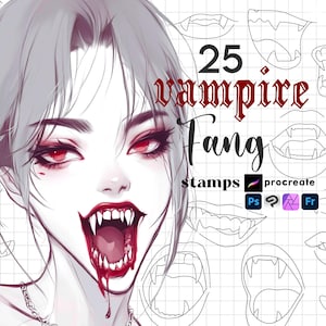 Puede incluir: Ilustración digital de una mujer con ojos rojos y boca abierta, mostrando colmillos de vampiro. La imagen incluye el texto "25 vampire Fang stamps" y logotipos de Procreate, Photoshop y otro software de diseño.