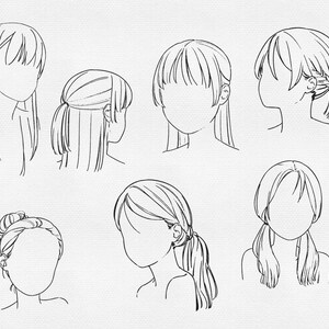 K&ouml;nnte beinhalten: Schwarz-Wei&szlig;-Illustrationen verschiedener Frisuren, darunter Pferdeschw&auml;nze, Dutt und flie&szlig;endes Haar. Die Zeichnungen zeigen unterschiedliche Haarl&auml;ngen und -stile. Die gesichtslosen Figuren unterstreichen den Fokus auf die Haardesigns.