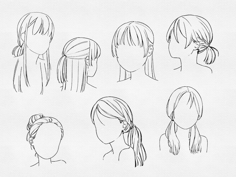 K&ouml;nnte beinhalten: Schwarz-Wei&szlig;-Illustrationen verschiedener Frisuren, darunter Pferdeschw&auml;nze, Dutt und flie&szlig;endes Haar. Die Zeichnungen zeigen unterschiedliche Haarl&auml;ngen und -stile. Die gesichtslosen Figuren unterstreichen den Fokus auf die Haardesigns.