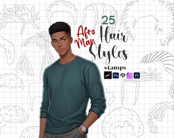 May include: A digital illustration of a person with short dark hair wearing a teal long-sleeved sweater and a silver watch. The background features 25 black and white line art sketches of various hairstyles with the text 25 Afro Man Hair Styles stamps.