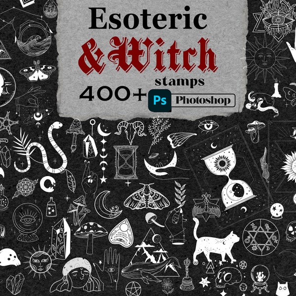 Photoshop - 400 Esoteric Witch Stamps Mystic Brush Tattoo Magic Celestial Dark Soul Heart Star Doodle Art Digital Moon How Gothic Easy Ps