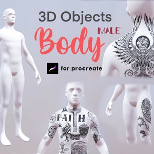 May include: 3D model of a male body for use in the Procreate app. The model is shown with different tattoos, including a large eagle design on the back, a cross with the word "FAITH" on the chest, and a variety of other designs on the arms and legs.