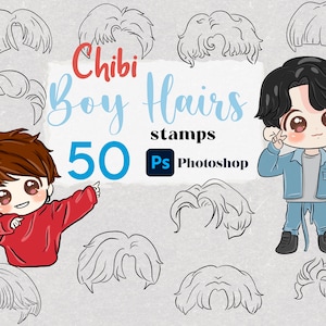 Photoshop Chibi Boy Hair Stamp Brushes 50 brosses à cheveux Chibi Brosses à cheveux Manga Hair Style Photoshop Brush Anime Figure Kawaii Cartoon