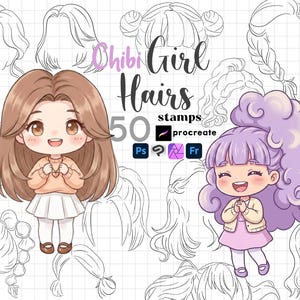 Procreate ちびキャラヘアスタンプ：かわいい女性のヘアスタイル漫画風 Photoshop ClipStudio ブラシ 50 種類
