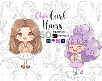 Procreate Chibi Girl Hair Stamps : 50 Kawaii Female Hairstyle Cartoon Photoshop ClipStudio Brushes