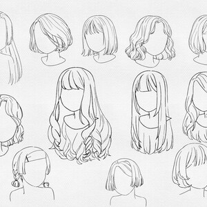 K&ouml;nnte beinhalten: Schwarz-Wei&szlig;-Strichzeichnungen verschiedener Frisuren. Die Illustrationen zeigen eine Reihe von Haarl&auml;ngen und -stilen, von kurzen Bobs bis zu langen, flie&szlig;enden Haaren mit unterschiedlichen Texturen. Die Zeichnungen sind vor einem wei&szlig;en Hintergrund angeordnet.