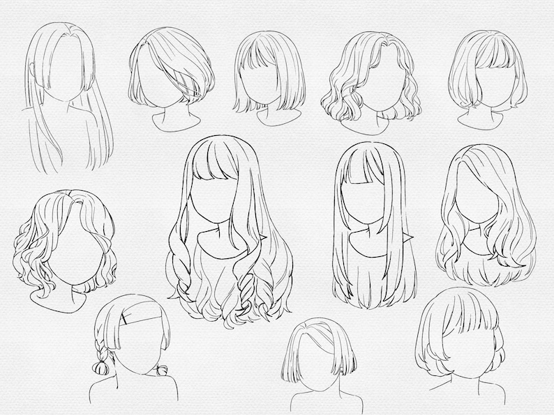 K&ouml;nnte beinhalten: Schwarz-Wei&szlig;-Strichzeichnungen verschiedener Frisuren. Die Illustrationen zeigen eine Reihe von Haarl&auml;ngen und -stilen, von kurzen Bobs bis zu langen, flie&szlig;enden Haaren mit unterschiedlichen Texturen. Die Zeichnungen sind vor einem wei&szlig;en Hintergrund angeordnet.
