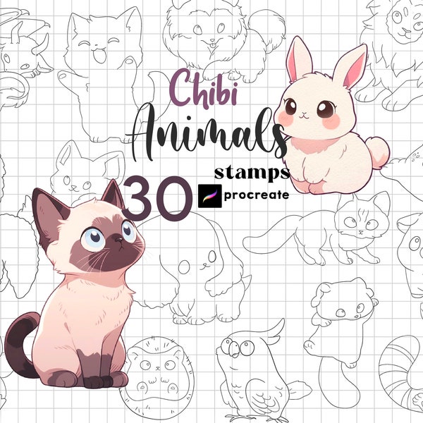 Procreate Chibi Animals Stamp Brush 30 Animales Kawaii Procreate Lindos Animales Mascotas Manga Chibi Procreate Anime Gato Perro Animal Kawaii Dibujos animados
