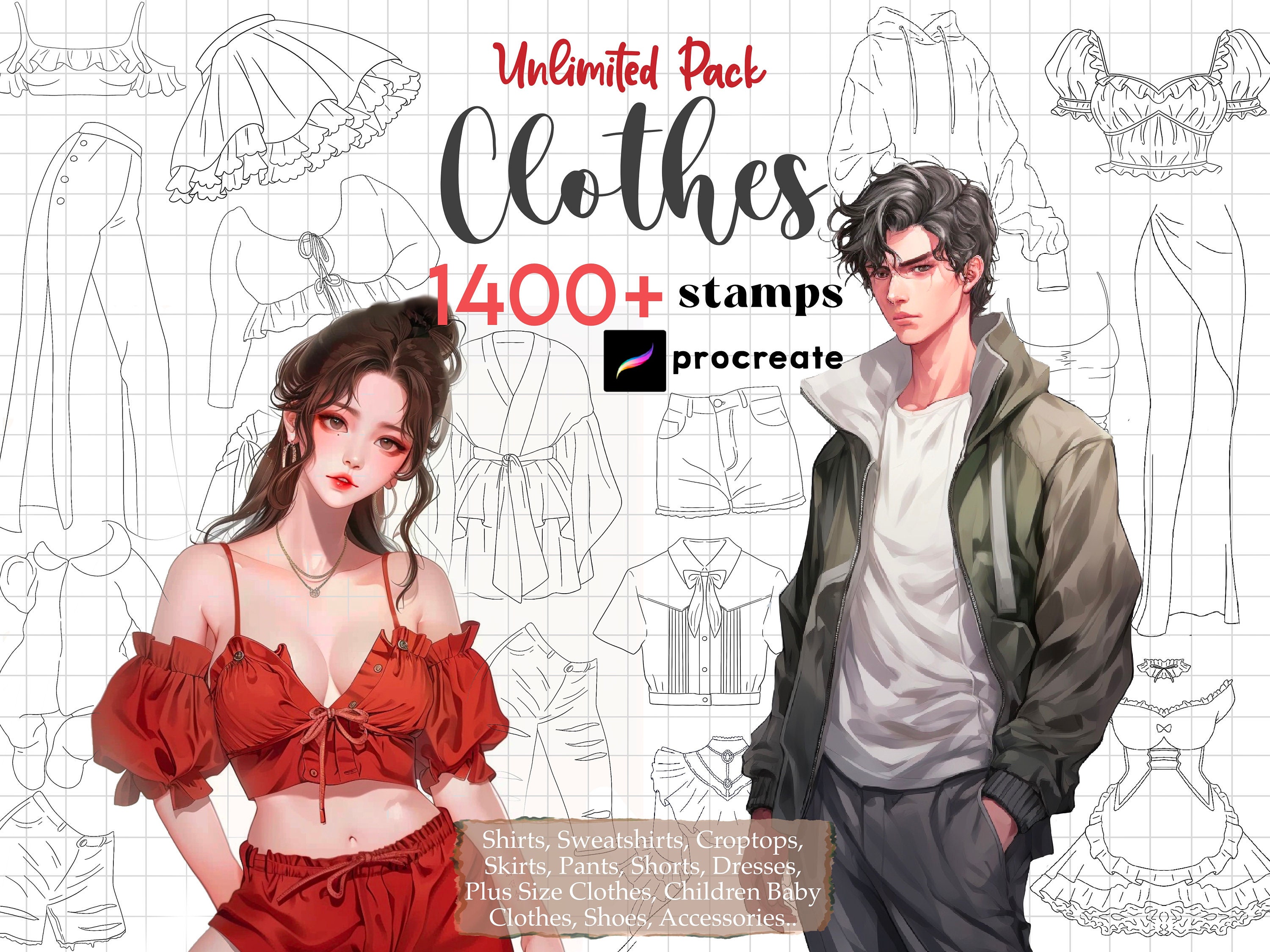 1400+ Procreate Clothes Stamps – Anime & Fashion Design Brush Set for Character Outfits