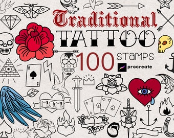 May include: A digital collection of 100 traditional tattoo stamp designs for Procreate. The image features black line art illustrations including skulls, roses, hearts, playing cards, anchors, and daggers, with some elements colored in red and blue.