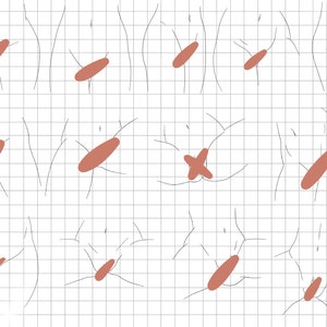 K&ouml;nnte beinhalten: Eine Illustration mit mehreren Figuren mit braunen ovalen Formen und Linien auf einem Rasterhintergrund. Einige Figuren haben eine 'X'-Form. Die Figuren sind mit d&uuml;nnen schwarzen Linien gezeichnet.