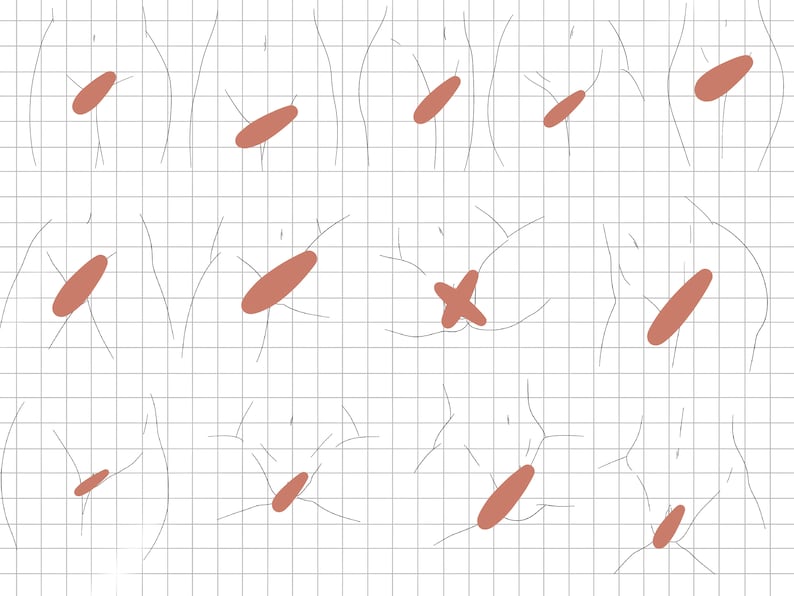 K&ouml;nnte beinhalten: Eine Illustration mit mehreren Figuren mit braunen ovalen Formen und Linien auf einem Rasterhintergrund. Einige Figuren haben eine 'X'-Form. Die Figuren sind mit d&uuml;nnen schwarzen Linien gezeichnet.