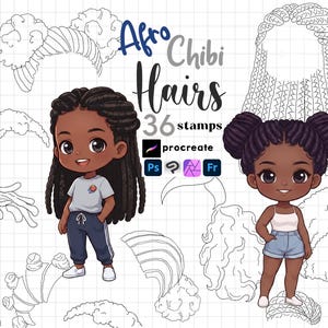Procreate ちびアフロヘアスタンプ：かわいい巻き毛のナチュラルヘアベース Photoshop ブラシ 36 種類