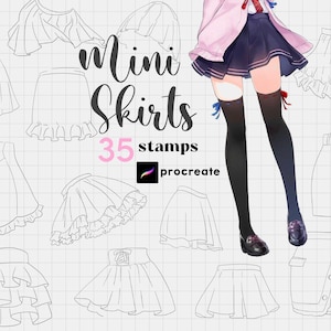 May include: A set of 35 digital stamps for Procreate featuring various mini skirt designs. The stamps are black and white line drawings of different skirt styles, including pleated, ruffled, and a-line skirts.