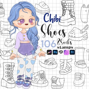 Timbri per scarpe Procreate Chibi: pennelli per abbigliamento Kawaii Photoshop ClipStudio Fresco, stivali e scarpe da ginnastica