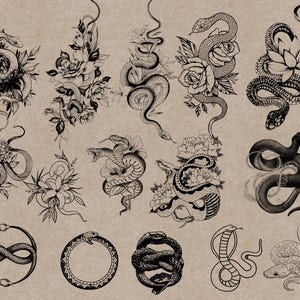 May include: A collection of black and white snake illustrations with floral accents. The designs include snakes coiled around flowers, intertwined, and in various poses. The artwork is detailed and suitable for tattoo designs or similar applications.