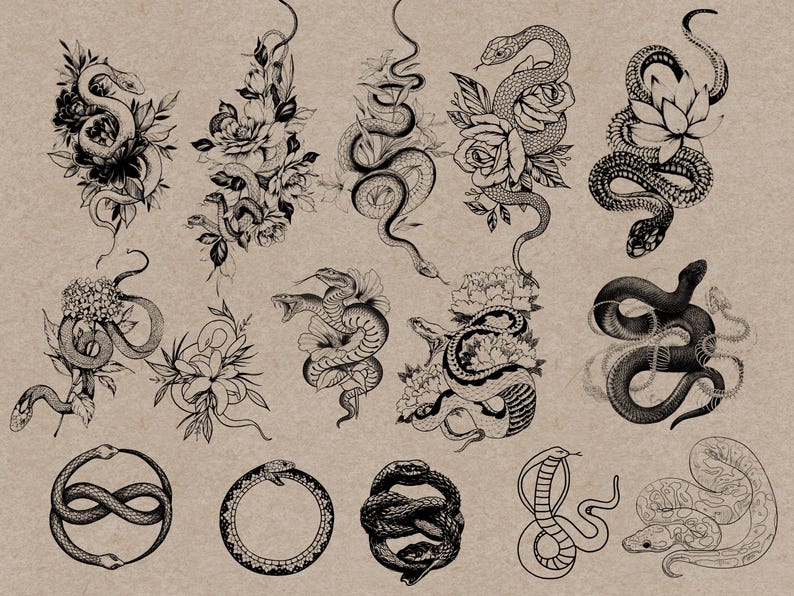 May include: A collection of black and white snake illustrations with floral accents. The designs include snakes coiled around flowers, intertwined, and in various poses. The artwork is detailed and suitable for tattoo designs or similar applications.