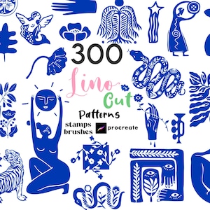 May include: A collection of 300 blue linocut patterns, stamps, and brushes. The image features various illustrations, including a tiger, a snake, a woman holding the sun, and floral designs, all in a bold, graphic style.