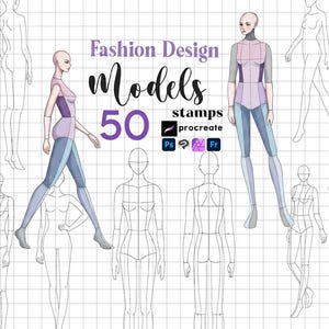 Sellos de modelos de moda para Procreate: 50 pinceles de plantilla de costura para bocetos de figuras de diseño en Photoshop