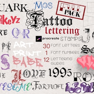 Procreate Lettering Stamps: 32 Tattoo Font Alphabet Number Traditional Tattoo Guide Brushes