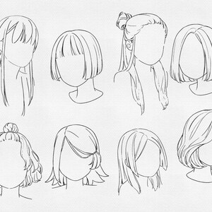 K&ouml;nnte beinhalten: Schwarz-Wei&szlig;-Illustration verschiedener Frisuren, darunter Bobs, Pferdeschw&auml;nze und Hochsteckfrisuren. Die Zeichnungen zeigen unterschiedliche Haarl&auml;ngen und -stile, ideal als Referenz f&uuml;r Friseure oder Modedesigner.