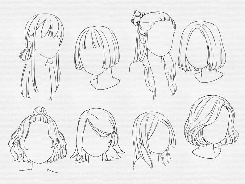 K&ouml;nnte beinhalten: Schwarz-Wei&szlig;-Illustration verschiedener Frisuren, darunter Bobs, Pferdeschw&auml;nze und Hochsteckfrisuren. Die Zeichnungen zeigen unterschiedliche Haarl&auml;ngen und -stile, ideal als Referenz f&uuml;r Friseure oder Modedesigner.