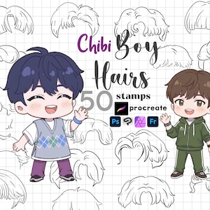 Procreate Chibi Boy Hair Stamps : 50 Kawaii Male Hairstyle Cartoon Photoshop ClipStudio Brushes