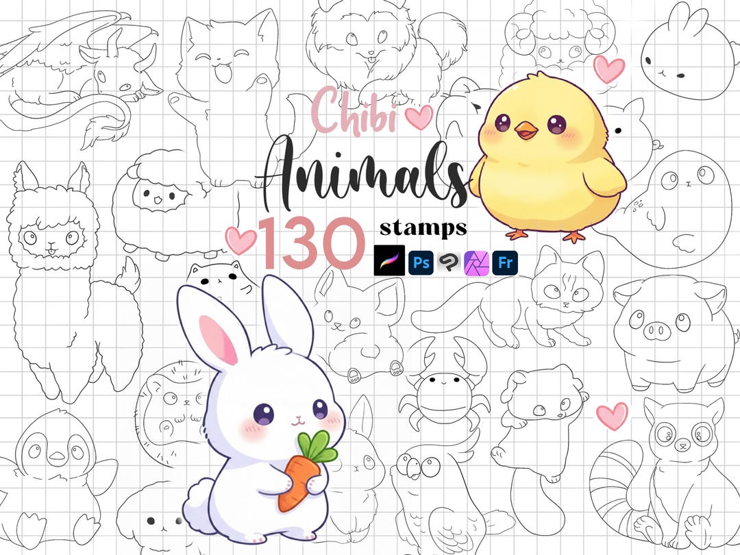 Procreate Chibi Animal Stamps : Kawaii Animals Cartoon Pets Coloring ...