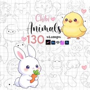 Sellos de animales chibi para Procreate: Animales kawaii, mascotas de dibujos animados, coloreado, pinceles de Photoshop Clip Studio