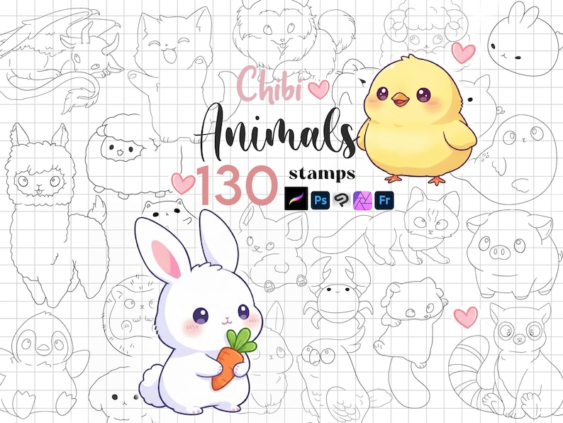 Procreate Chibi Animal Stamps : Kawaii Animals Cartoon Pets Coloring ...