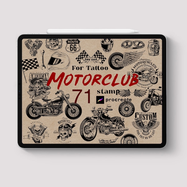 Procreate - 71 Motor Club Tatuaje Sello Pincel Moto Cráneo Tema Paquete tradicional Personalizado Vintage Bruja Doodle Arte Cómo dibujar ciclo