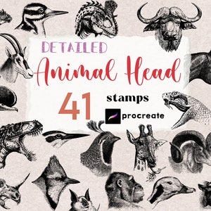 Procreate Animal Heads Stamp Procreate Tattoo Realistic Animals Procreate Stamp Brushes Hand Drawn Line Art Bird Dragon Dinasour Stamps