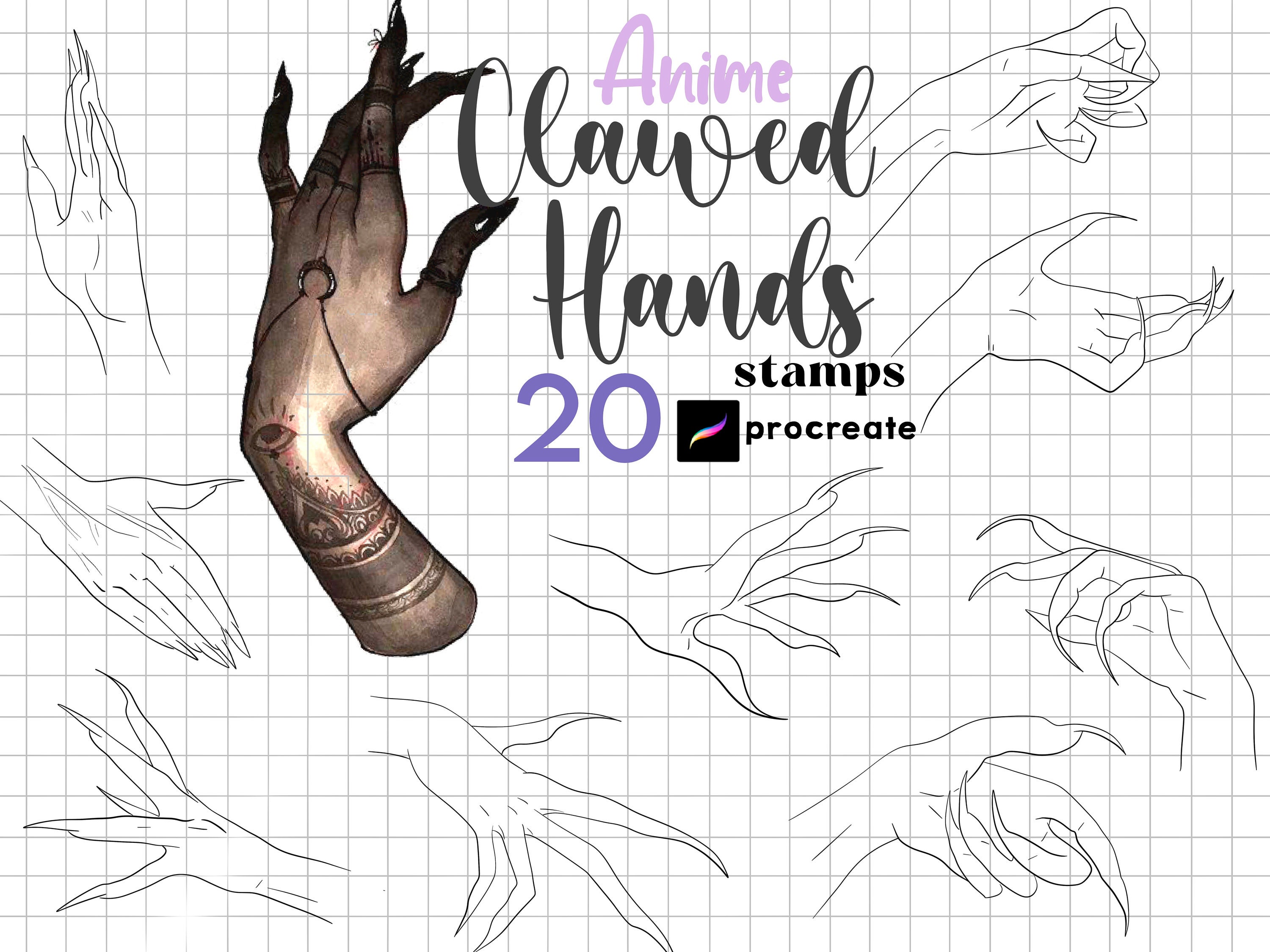 Pinceaux Tampons Mains Griffues Anime pour Procreate (20) – Sorcière, Démon et Références de Mains Féminines