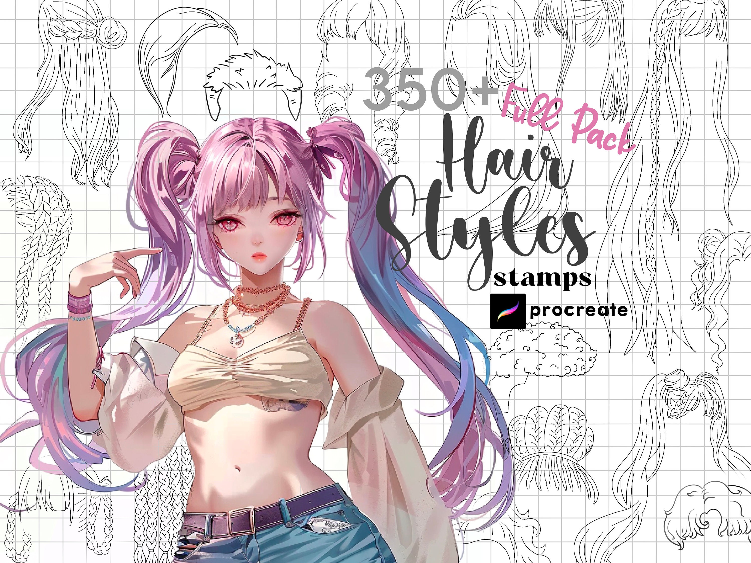 Procreate Anime Hair Stamps Bundle â 350+ Hairstyles & Guides for Manga, Chibi & Characters