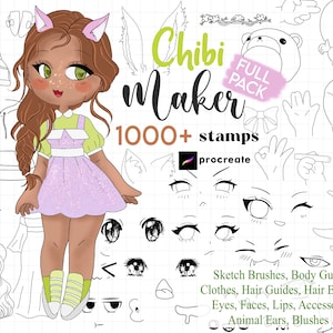 Chibi Maker-stempelborstel voortplanten Chibi-gidsen Karaktermaker voortplanten Lichaamsgeleiders Cartoon manga-ogen Chibi-ogen Kledingharen Volledig pakket