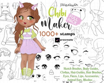 May include: A digital illustration of a chibi character maker with over 1000 stamps for Procreate. The image includes a variety of stamps for creating different body parts, clothing, hair, eyes, faces, lips, accessories, animal ears, and blushes.
